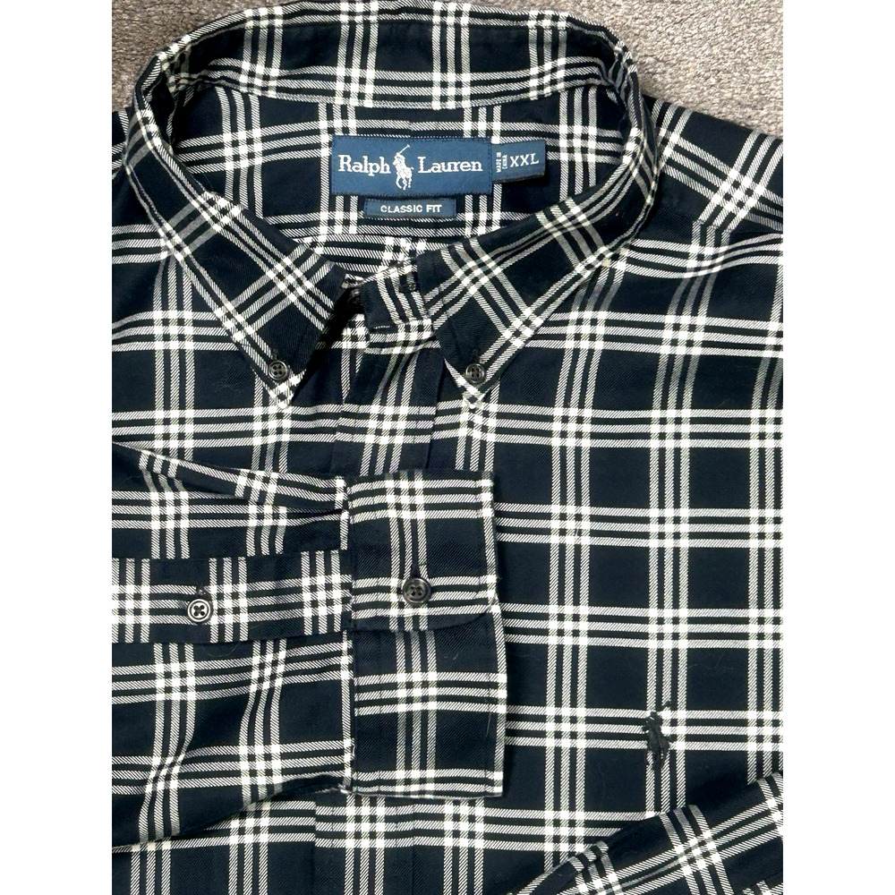 Ralph Lauren Men's XXL Classic Fit Black & White Plaid Button Down L/S Shirt‎
